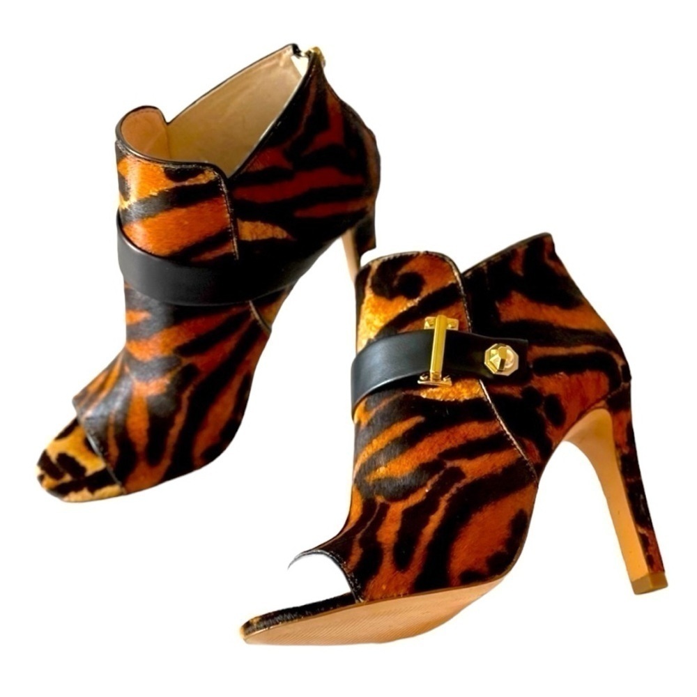 Women's Leopard Fur Ankle Bootie Stiletto Platform Pumps Heels Open Toe, Sz 6.5M